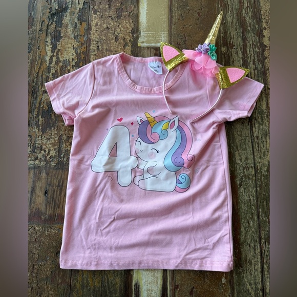Pink Unicorn 4 Birthday T-Shirt and Headband Set | Size 4-5 - Picture 1 of 4